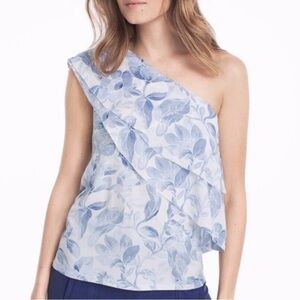 WHBM One-Shoulder Blue Tiered Floral Ruffle Top